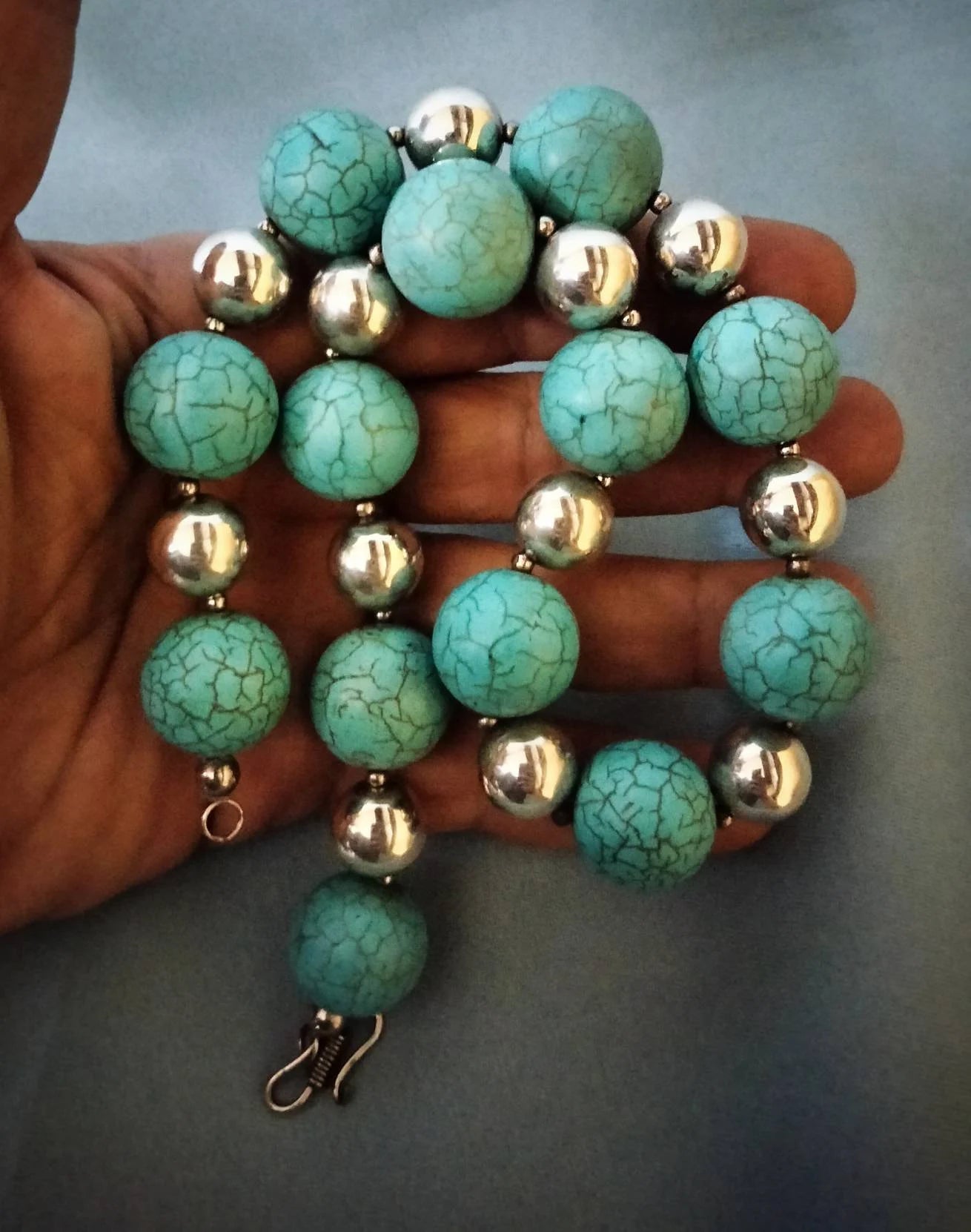 Morocco - Beautiful Classic Necklace in Sterling Silver Beads and Natural Turquoise Beads / Berber/Ethnic/Fantasy Necklace.