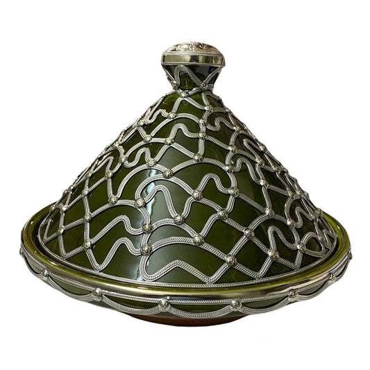 A Handmade and Hand-Painted Moroccan Tagine Dish, Encrusted with Maillechort.