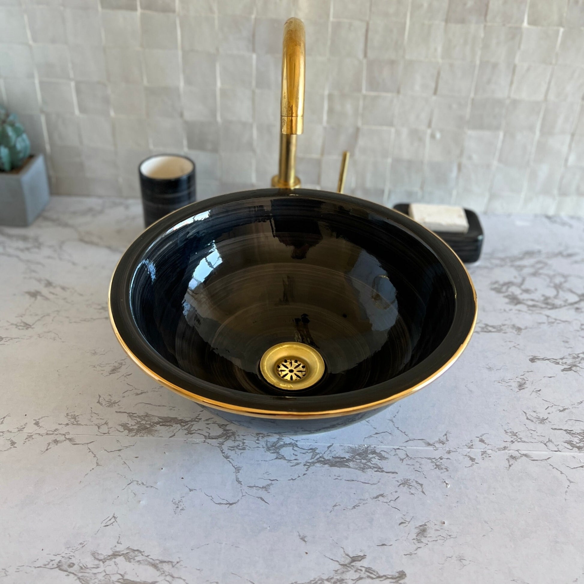 Antique Sink 14K Gold Rim, Set of Vessel Sink, Toothbrush Cup and Soap Dish, 14 Inch Sink Bowl, Ceramic Basin, Free Gift INCLUDED