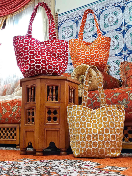 Moroccan Handmade Tote Bag | Everyday Durable Wool Handbag | Handmade Fashion Tote for Work & Outings | Stylish Moroccan Tile Design