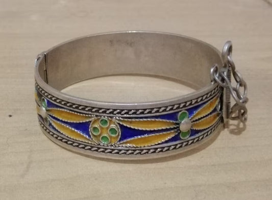 Modern Moroccan Sterling Silver and Enamel Hinged Bracelet