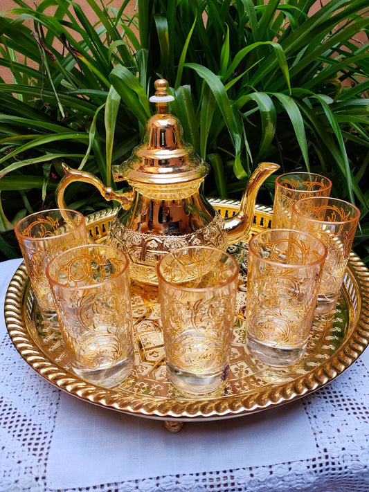 Handmade Moroccan Golden Tea Set Handmade Teapot,Tea Tray,Set of 6 Tea Cups NEW