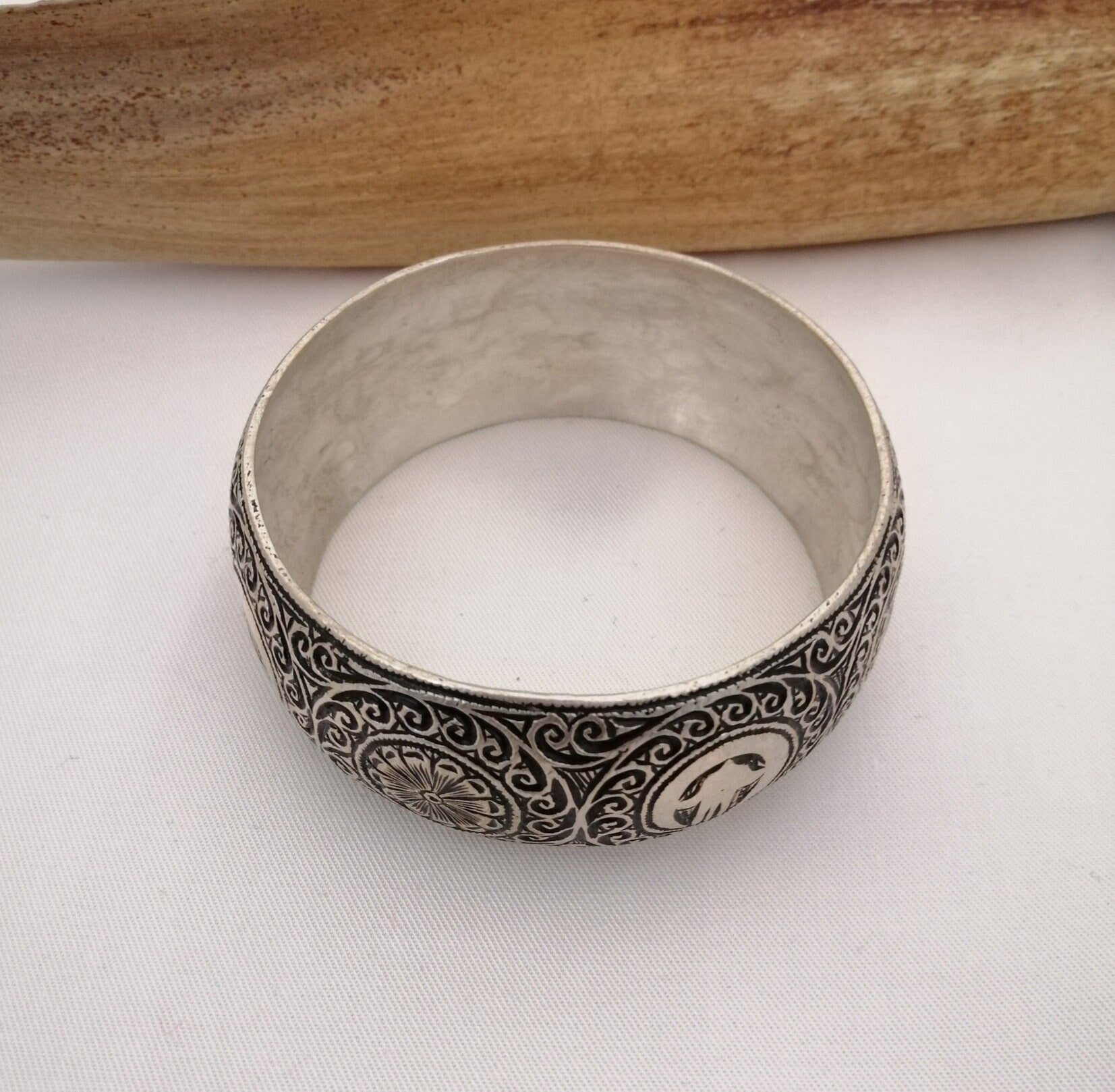 Deeply Hand Carved Vintage Berber Silver Bangle