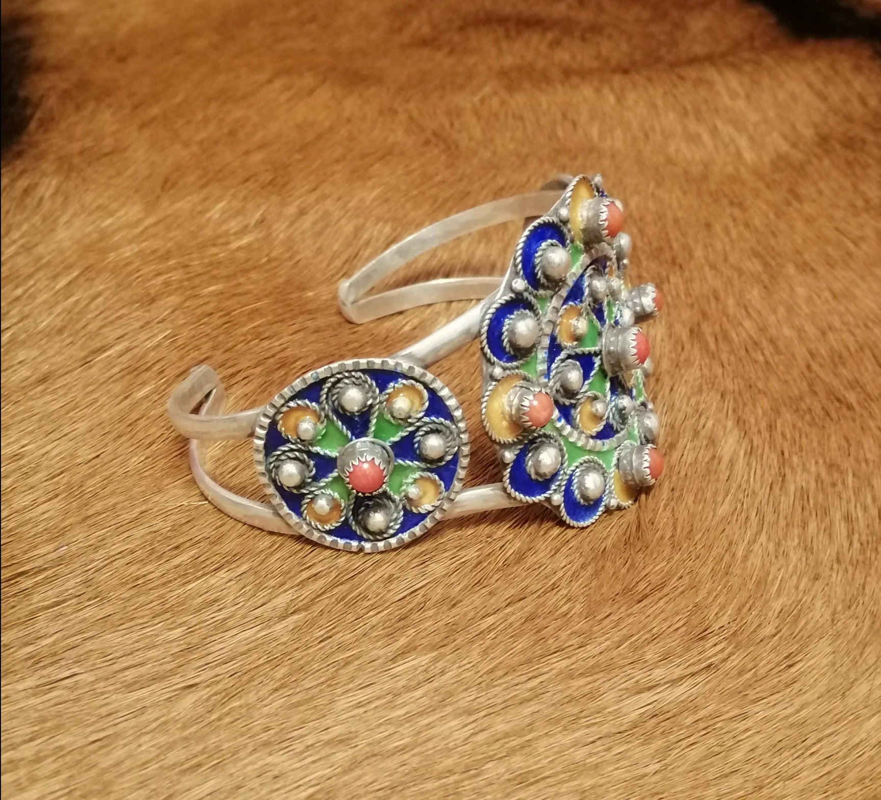 Enamel Flower Design Silver Cuff Bracelet