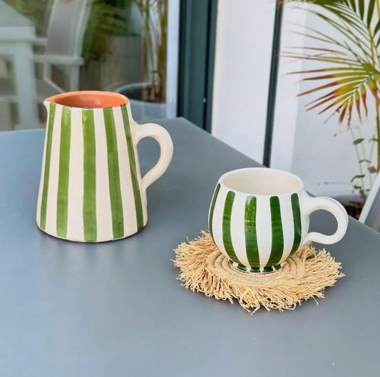Handmade Moroccan Striped Ceramic Mug – Green & White Coffee Cup – Artisan Pottery – Boho Kitchen Decor – Unique Gift for Tea Lovers