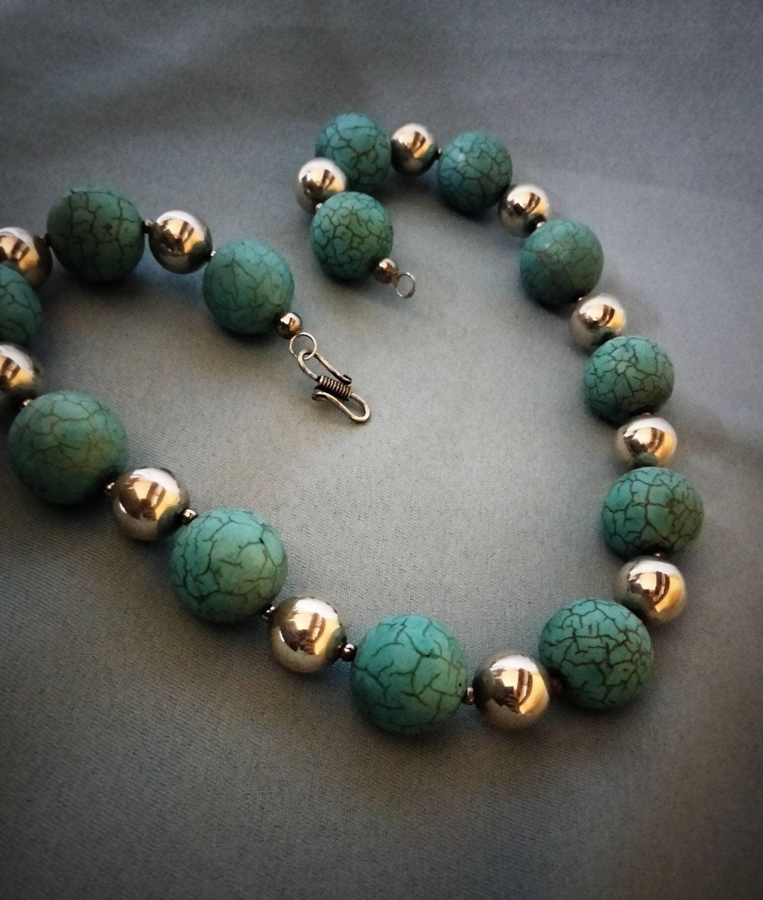 Morocco - Beautiful Classic Necklace in Sterling Silver Beads and Natural Turquoise Beads / Berber/Ethnic/Fantasy Necklace.