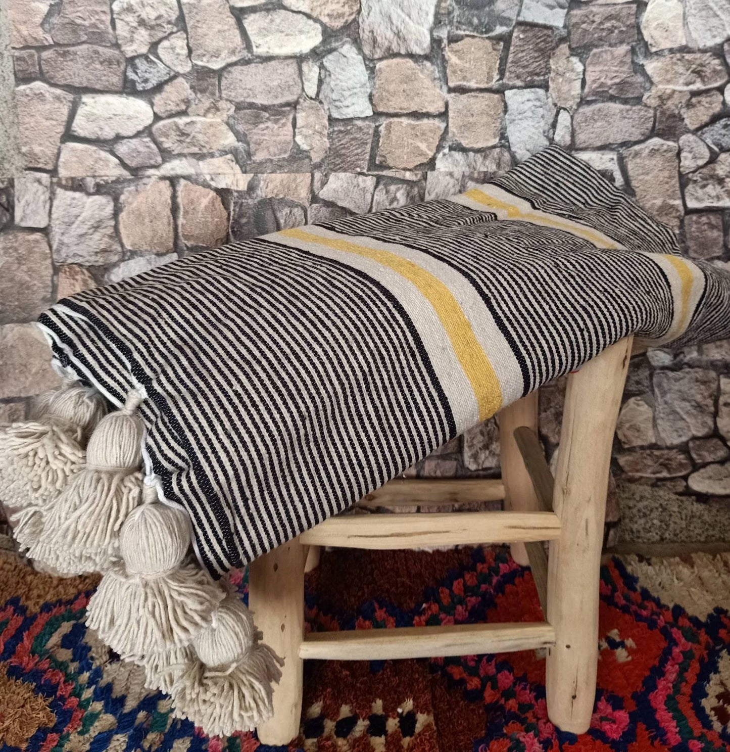 Moroccan Pom Pom Blanket - Hand Woven Throw-Tassel Blankets-Pom Poms-Boho Blanket-Moroccan Blanket-Moroccan Blanket-Moroccan Pom Pom .