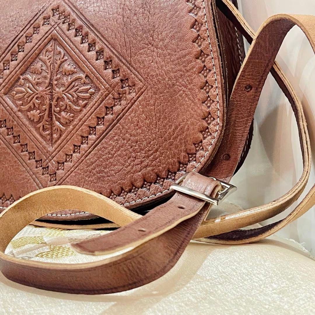Moroccan Leather Bag, Genuine Leather Crossbody Bag, Moroccan Shoulder Bag, Women'S Leather Bag, Handmade Carved, Gift for Women.