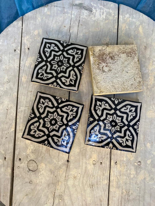 Artisanal Elegance: Hand-Painted Moroccan Black and White Tiles from Wood-Fired Kiln