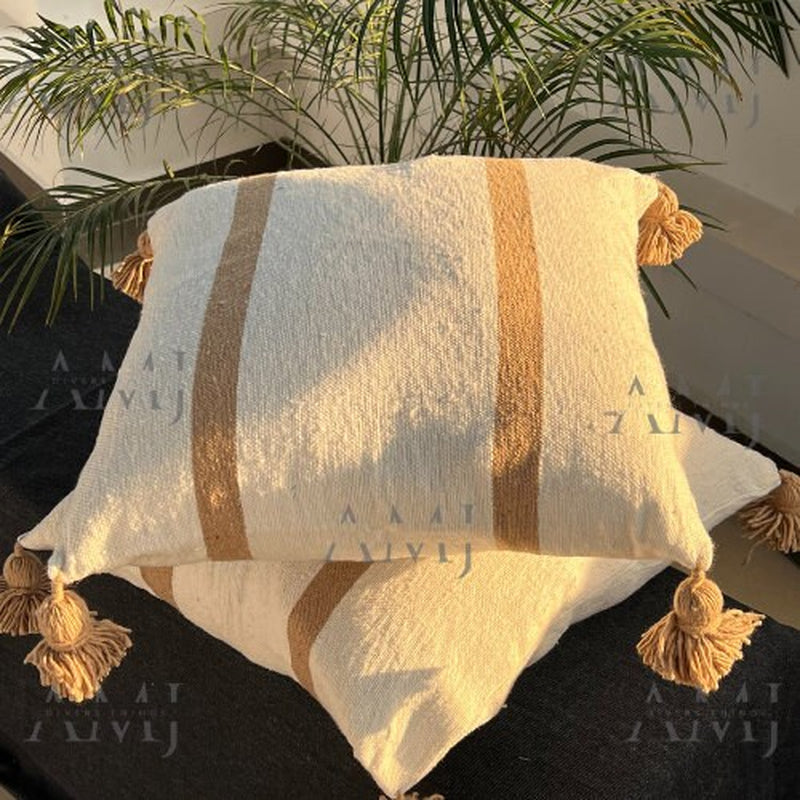 Artisan Cushion, Pompom Cushions, Square Pillow - Pillow Cover- Decorative Pillow -Set of 2 Handwoven Pillow -