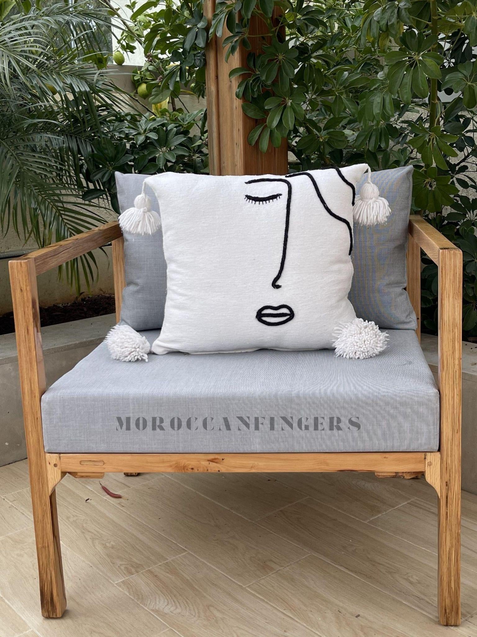 Set of 2 Line Art Pillow Covers – 18X18 Abstract Face Cushions, Handwoven Boho Decor, Recycled Cotton, Moroccan Handmade