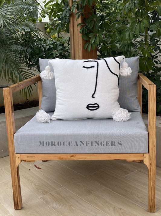 Set of 2 Line Art Pillow Covers – 18X18 Abstract Face Cushions, Handwoven Boho Decor, Recycled Cotton, Moroccan Handmade