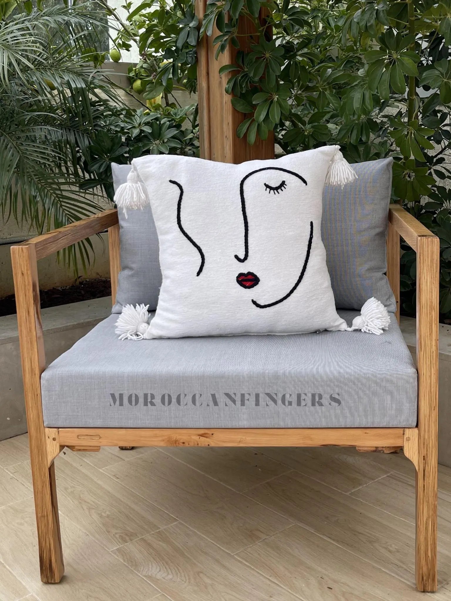 Abstract Face Pillow Covers 18X18 – Set of 2 Boho Cushion Covers, Handwoven Recycled Cotton, Handmade in Morocco