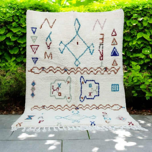 White Abstract Rug | Moroccan Wool Carpet | Handwoven with Vibrant Colorful Motifs | Berber Art Design