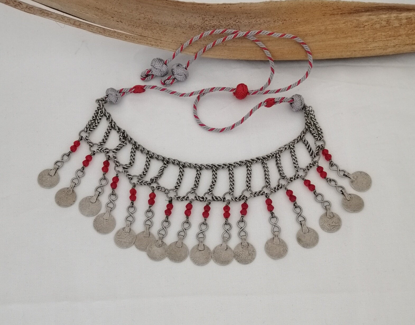 Beautiful Berber Silver Coin and Red Glass Bead Tasfift Headdress Necklace