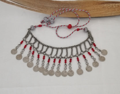 Beautiful Berber Silver Coin and Red Glass Bead Tasfift Headdress Necklace