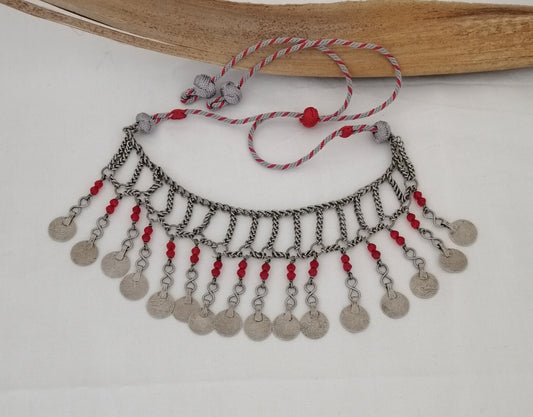 Beautiful Berber Silver Coin and Red Glass Bead Tasfift Headdress Necklace