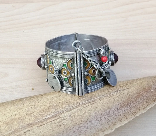 Vintage Berber Silver and Enamel Wedding Cuff Bracelet with Glass Gems and Coins