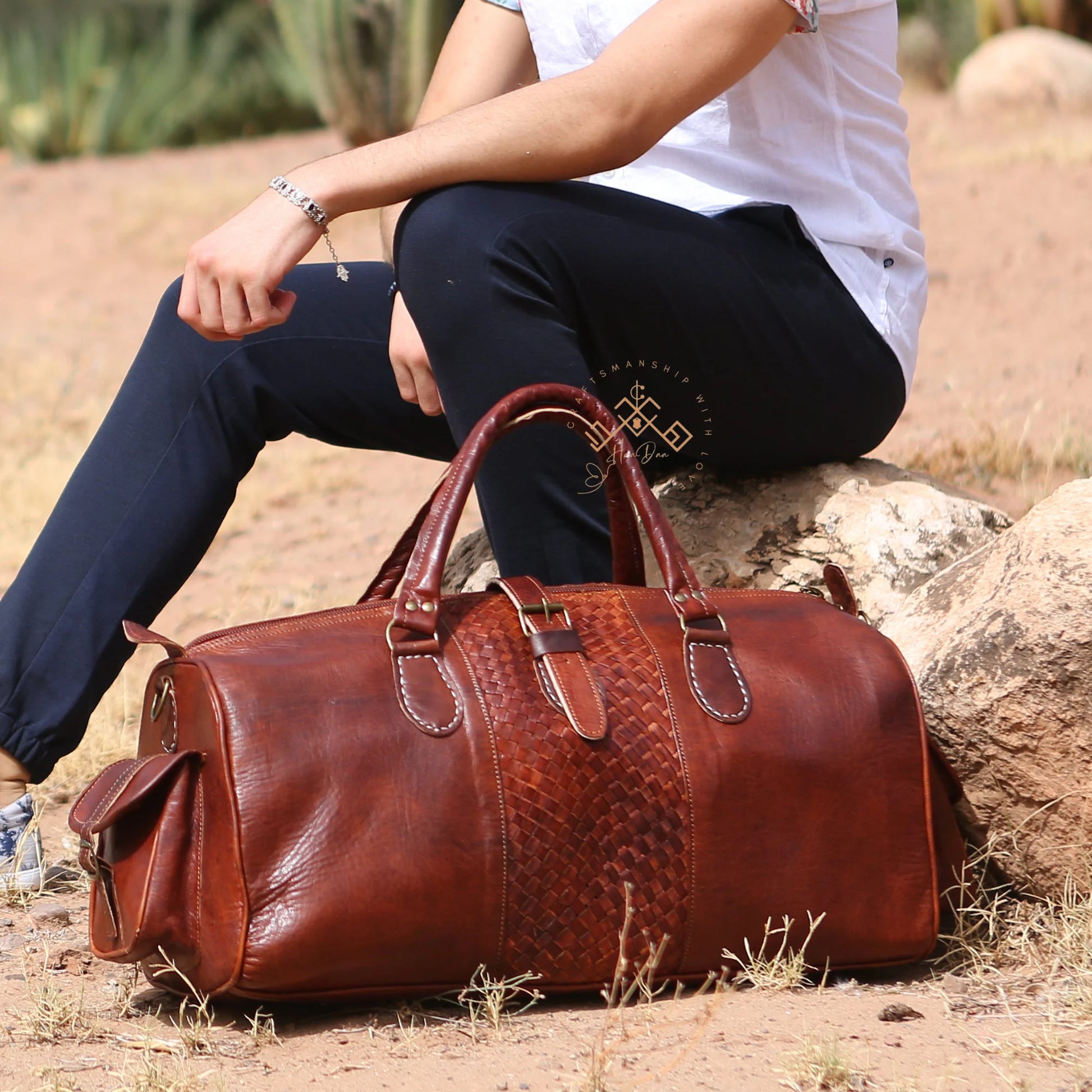 Brown Almond Leather Travel Duffle Bag for Women and Men, Woven Carry on Weekender Overnight Bag, Gift Travel Leather Bag