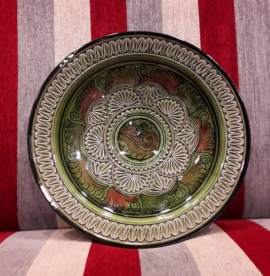 Big Serving Plate with Texture, Handmade Ceramic Platter, Moroccan Plate, for Appetizers, Salad Plate, Green Pottery Dish, Hanging Plate