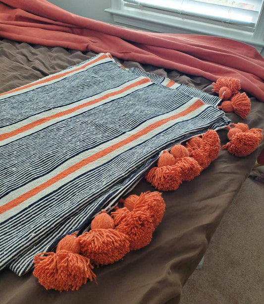 FREE Shipping-Navy + Cream + Orange - Pom Blankets-Bed Spread-Moroccan Throw -Cotton Moroccan Bedding-Throw Blankets-Berber Moroccan Decor.