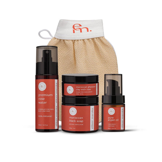 Organic Moroccan Skincare Set – Ghassoul Clay Mask, Black Soap & Argan Oil – Face and Body Exfoliator, Moisturizer, Rose Hydrolat Toner