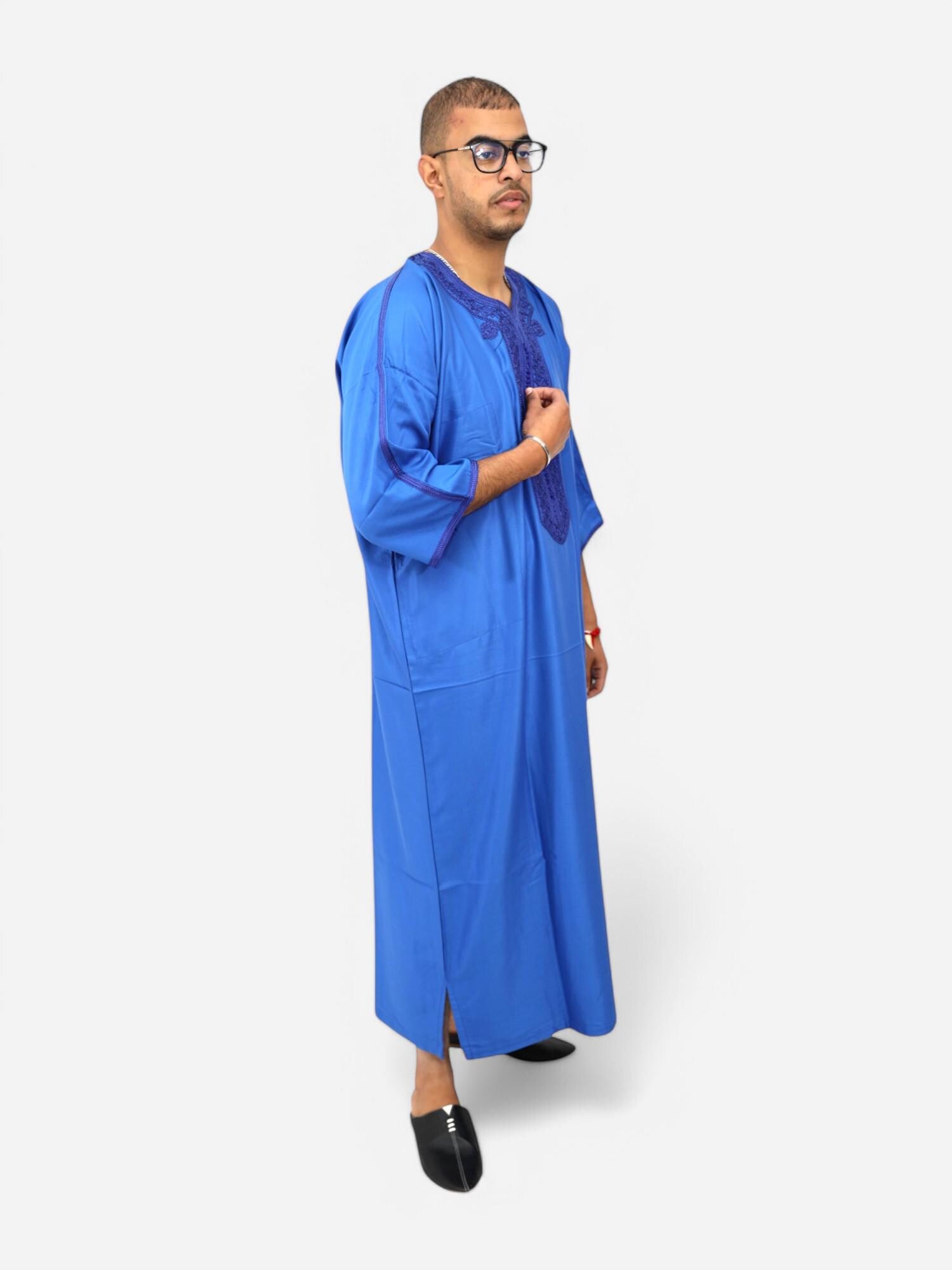 Bright Blue Moroccan Style Thobe - Traditional Short Sleeve Design for Men