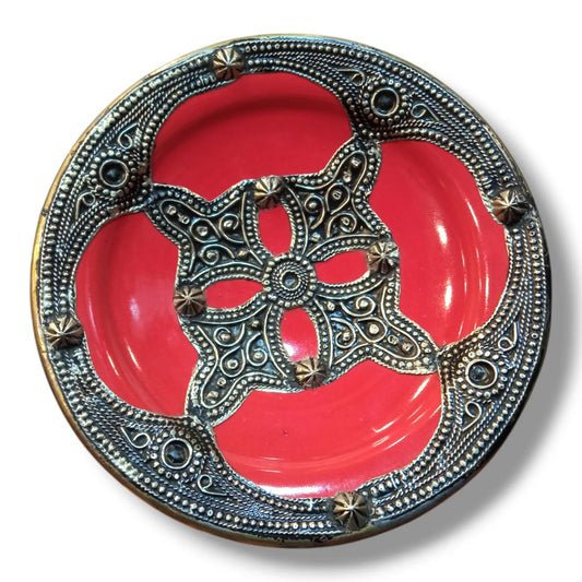 Moroccan Wall Hanging Plate 21Cm - Handcrafted Ceramic with Metal Design Housewarming Gift, Moroccan Style Wall Art, Unique Moroccan Plate