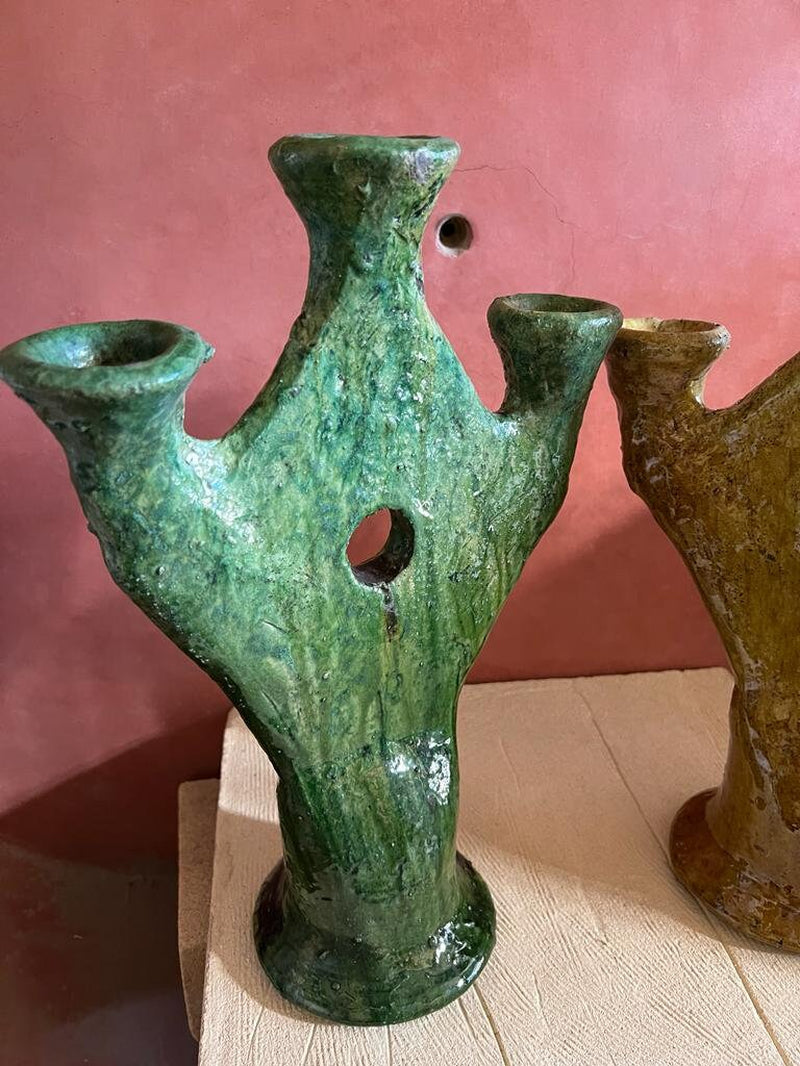 Green and Yellow Candles, Natural Candleholder