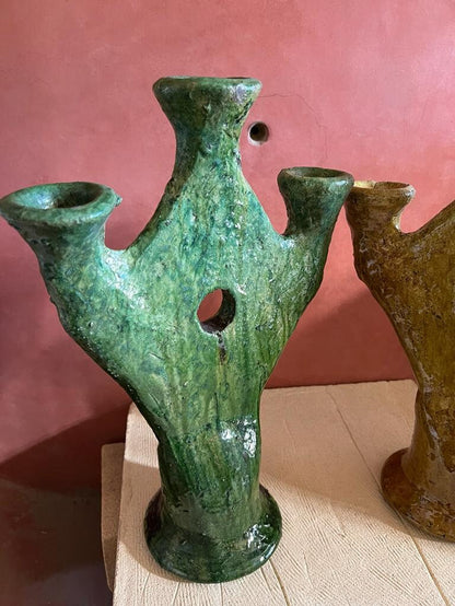 Green and Yellow Candles, Natural Candleholder