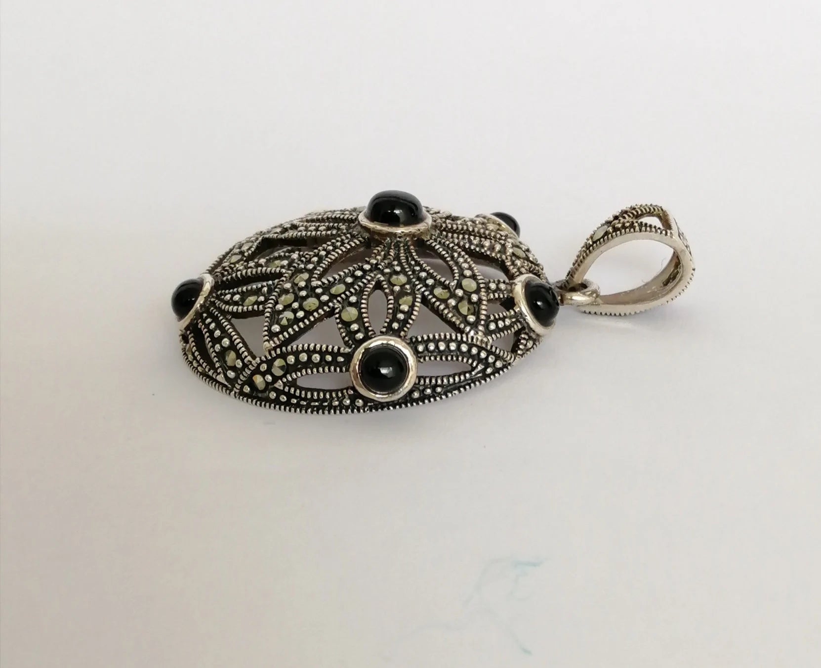 Retro Deco-Style Sterling Silver and Onyx Pendant