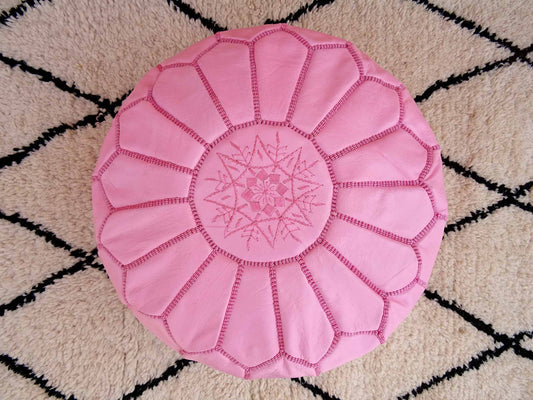 Pink Leather Pouf with Top Embroidery, Pink Moroccan Pouf, Luxury Ottomans Footstools, Leather Pouf, Handmade Pouf