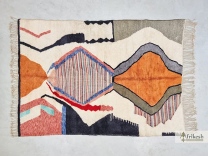 HANDMADE MRIRT RUG, Stylish Moroccan Rug, Custom White & Orange Rug, Tufted Berber Carpet, Multicolor Area Rug, Shag Beni Mrirt Wool Rug.