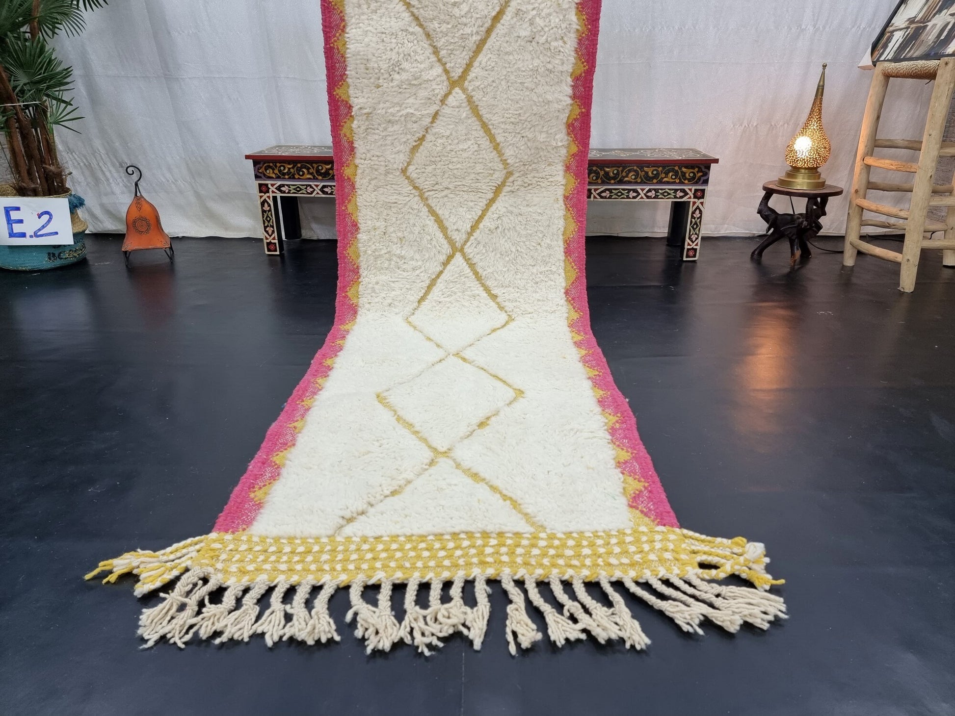 CUTE BENIOURAIN RUG, Handmade Rug 2X10, Pink & Mustard Runner Rug, Berber Wool Rug, Geometric Wool Rug, Runner Rug, Area Rug, Handwoven Rug