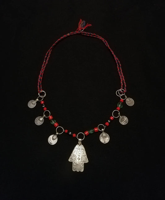 Quaint Amazigh Khamsa Coin and Glass Bead Necklace.