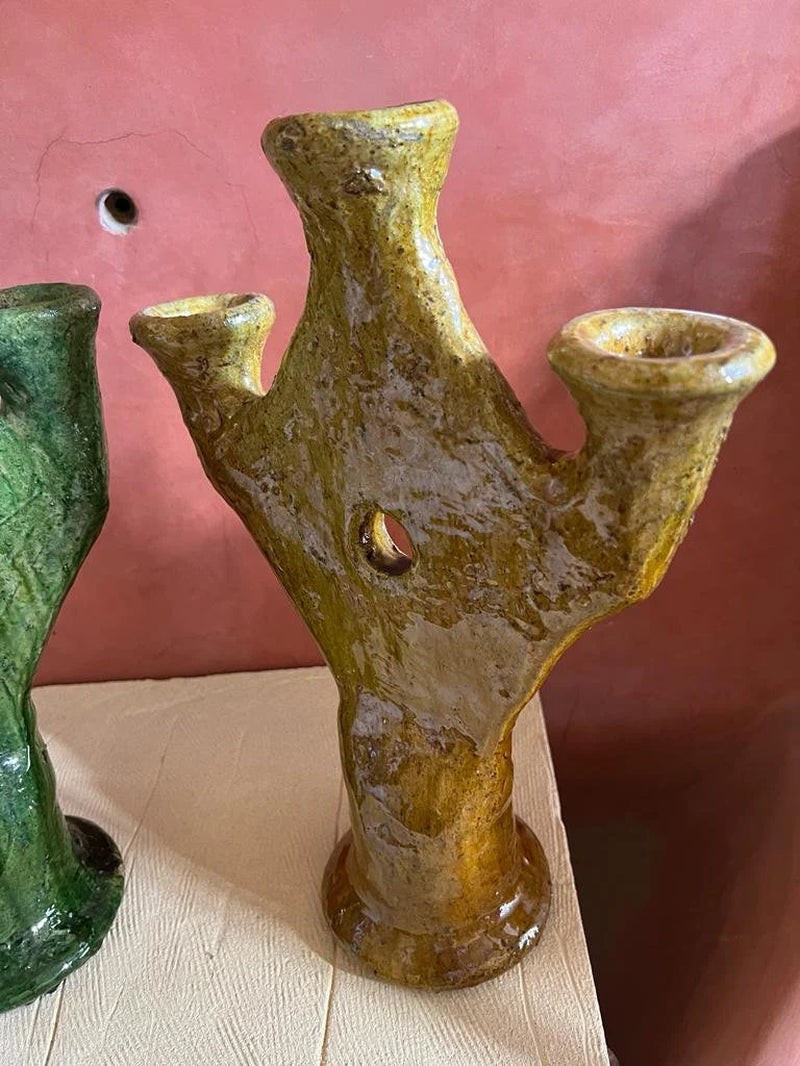 Green and Yellow Candles, Natural Candleholder