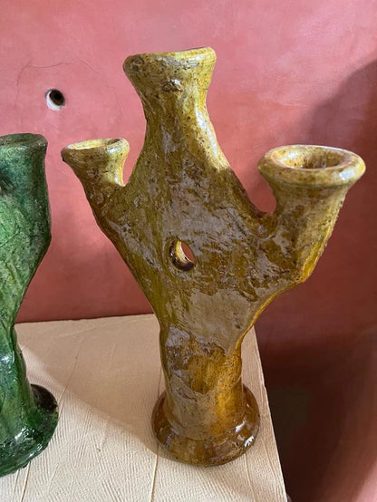 Green and Yellow Candles, Natural Candleholder