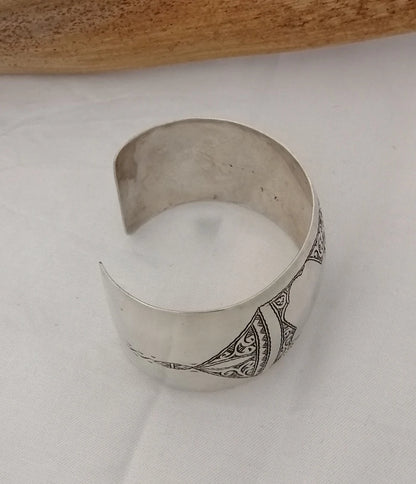 Berber Tuareg Silver Cuff with Khamsas, Hand of Fatima and Carving.