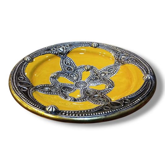 Moroccan Wall Hanging Plate 21Cm - Handcrafted Ceramic with Metal Design Housewarming Gift, Moroccan Style Wall Art, Unique Moroccan Plate
