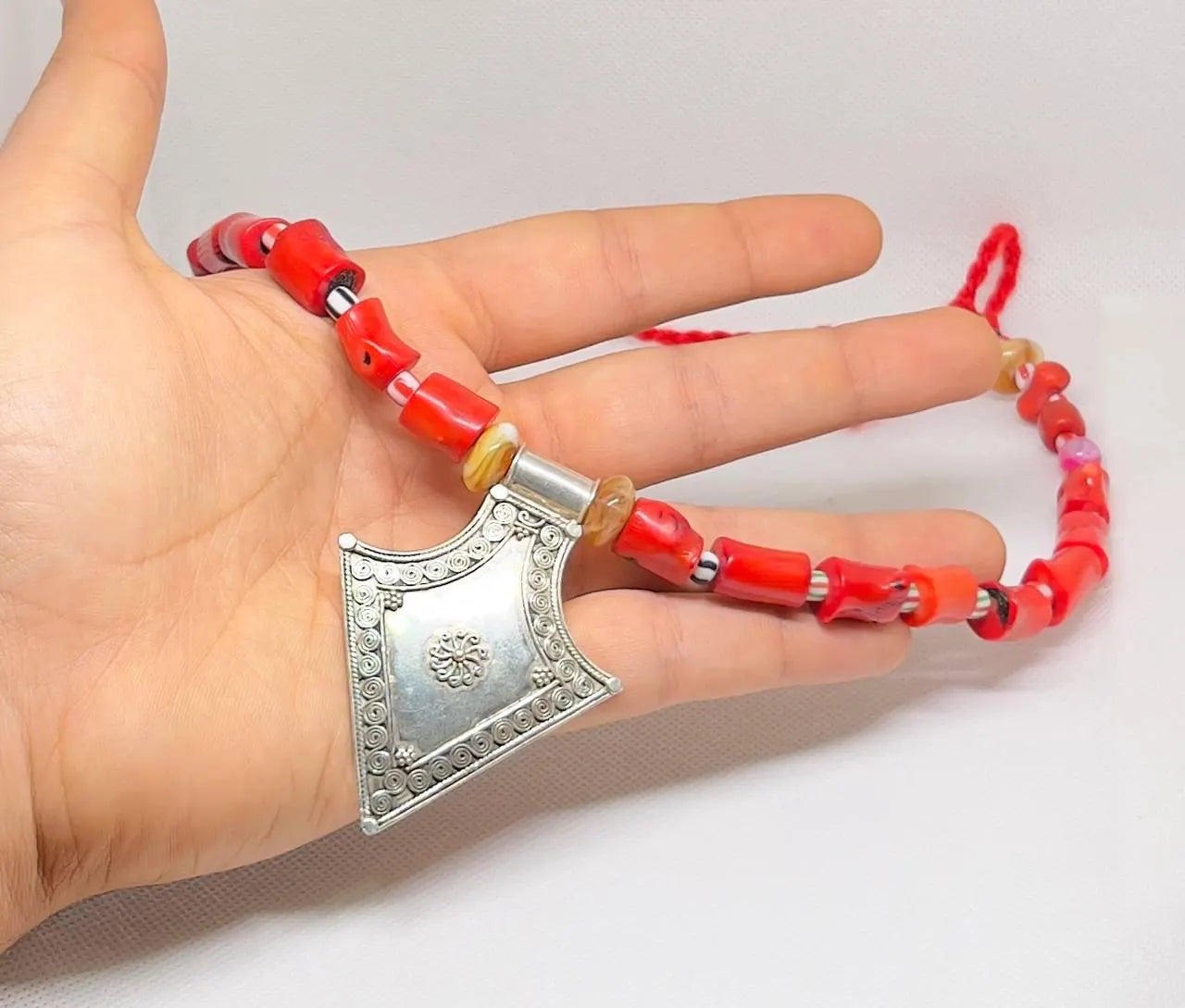 Antique Silver Berber Coral Necklace, Red Coral Beads with Vintage Tribal Pendant, Handmade African Ethnic Necklace, Gift for Her or Him