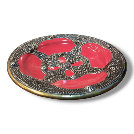 Moroccan Wall Hanging Plate 21Cm - Handcrafted Ceramic with Metal Design Housewarming Gift, Moroccan Style Wall Art, Unique Moroccan Plate