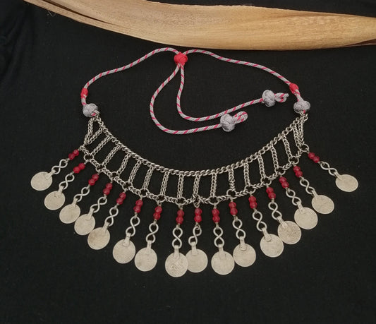 Beautiful Berber Silver Coin and Red Glass Bead Tasfift Headdress Necklace