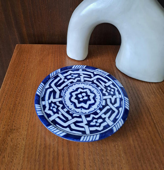 Moroccan Handmade Ceramic Plate 18Cm – Blue & White Pottery – Small Serving Plate – Boho Kitchen Decor – Wall Hanging Plate