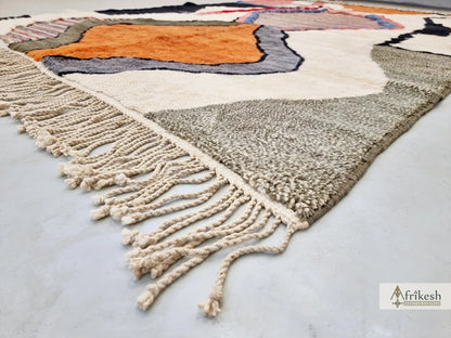 HANDMADE MRIRT RUG, Stylish Moroccan Rug, Custom White & Orange Rug, Tufted Berber Carpet, Multicolor Area Rug, Shag Beni Mrirt Wool Rug.