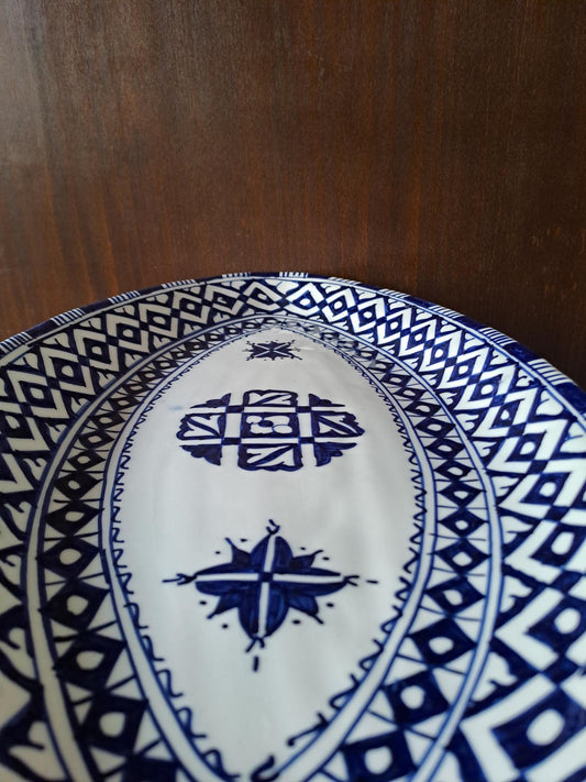 Extra Large Blue and White Moroccan Oval Plate – 58Cm Hand-Painted Ceramic Serving Platter, Statement Tableware, Wall Decor