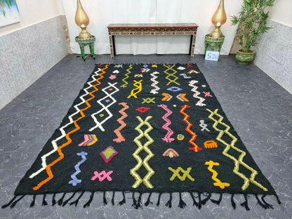 COLORFUL KILIM RUG, Flat-Weave Area Rug, Moroccan Woven Wool Rug, Custom Geometric Rug, Handmade Boho Rug, Cozy Chic Black & Green Rug. .