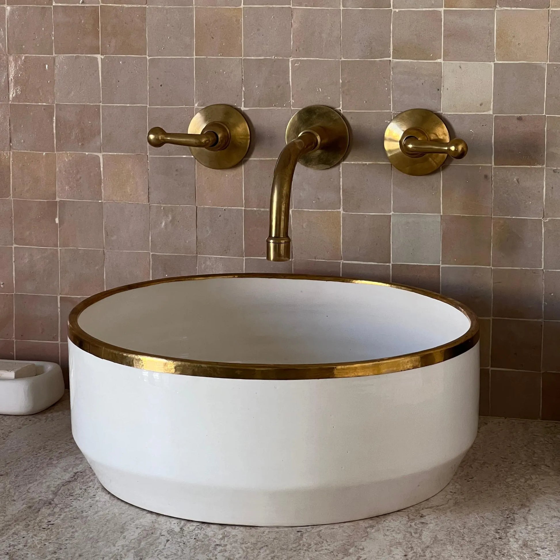 Antique Sink with Brass Rim Edge, Vessel Sink, Sink Bowl, Ceramic Basin, Hand Wash Basin, Free Gift INCLUDED