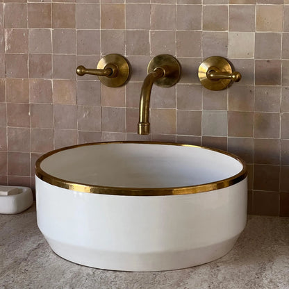 Antique Sink with Brass Rim Edge, Vessel Sink, Sink Bowl, Ceramic Basin, Hand Wash Basin, Free Gift INCLUDED