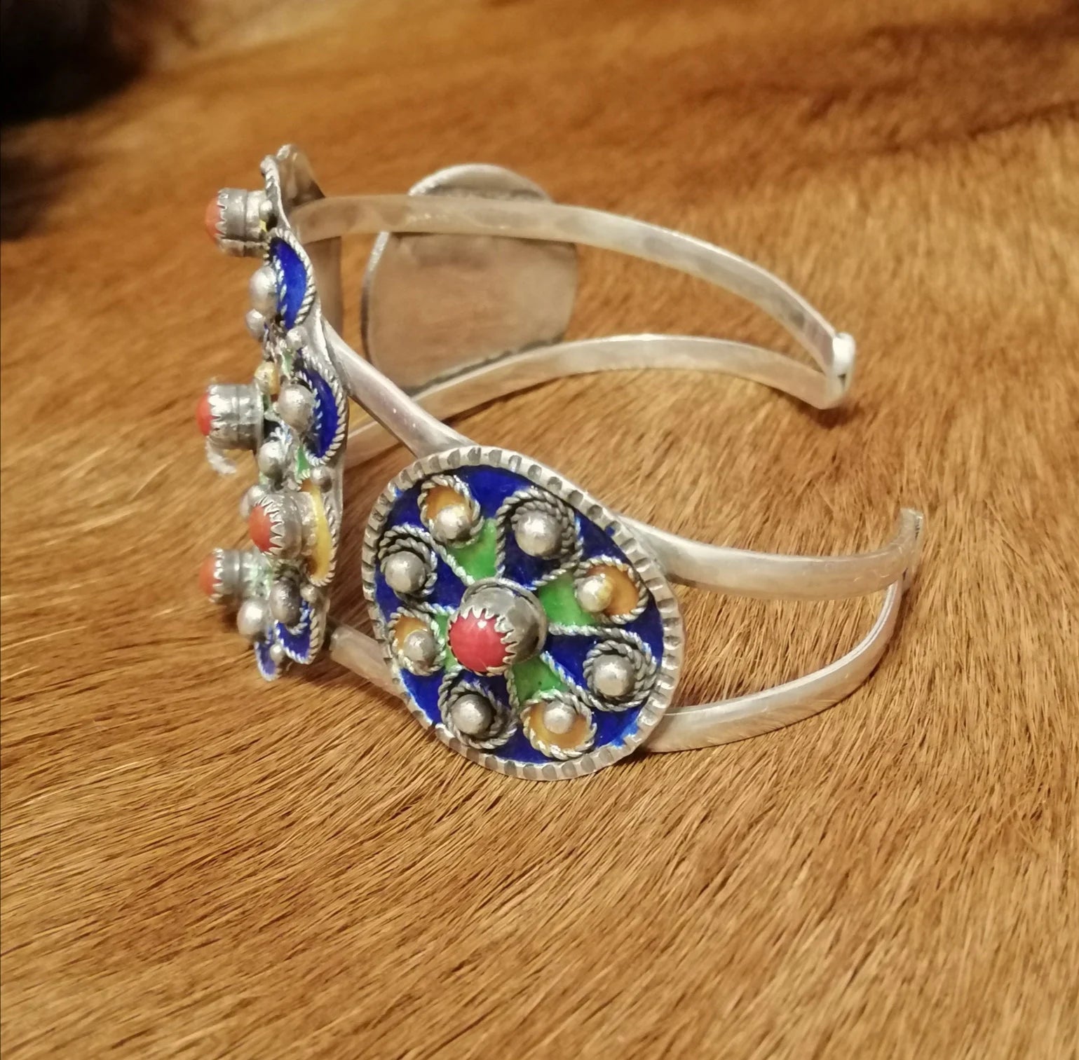 Enamel Flower Design Silver Cuff Bracelet
