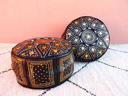 Black Bohemian Moroccan Leather Pouf - Genuine Leather round Ottoman Footstool Fez - Natural Leather Pouffe - Floor Handmade Pouf